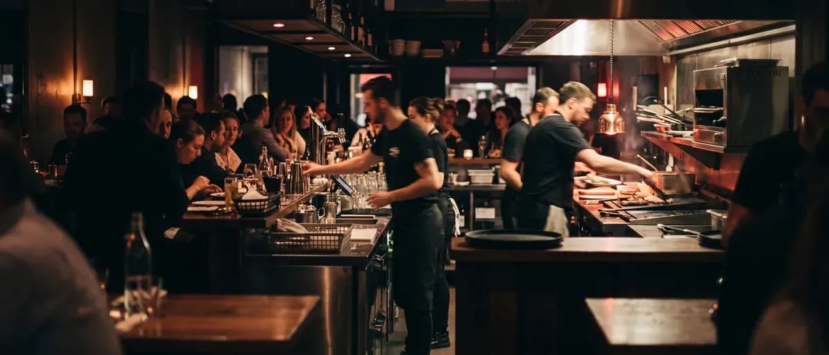 A busy bar and grill counter during service, seen from across the room