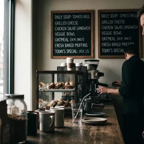 A cafe counter with printed menu boards listing the daily plates above it