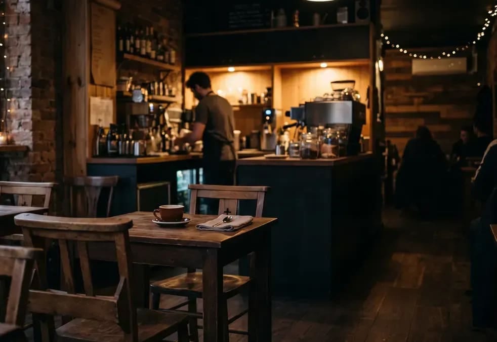A cafe seating area with wooden tables and a service counter behind
