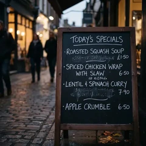 A chalkboard of daily specials written by hand outside a cafe