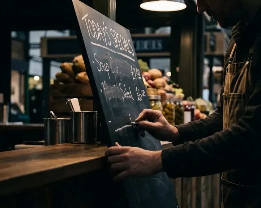 A menu board being rewritten by hand behind a counter