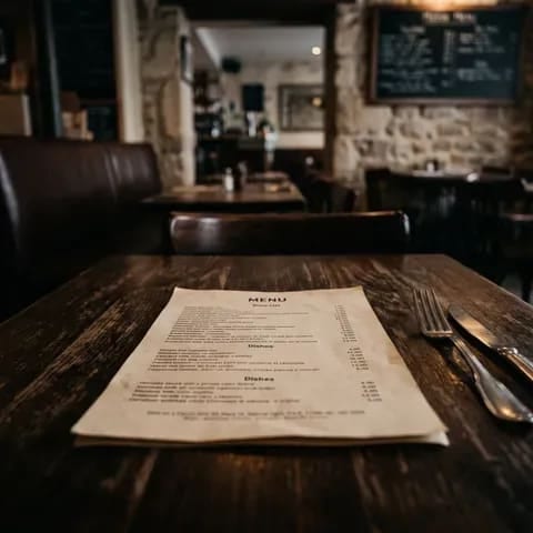 A printed menu price list resting on a table