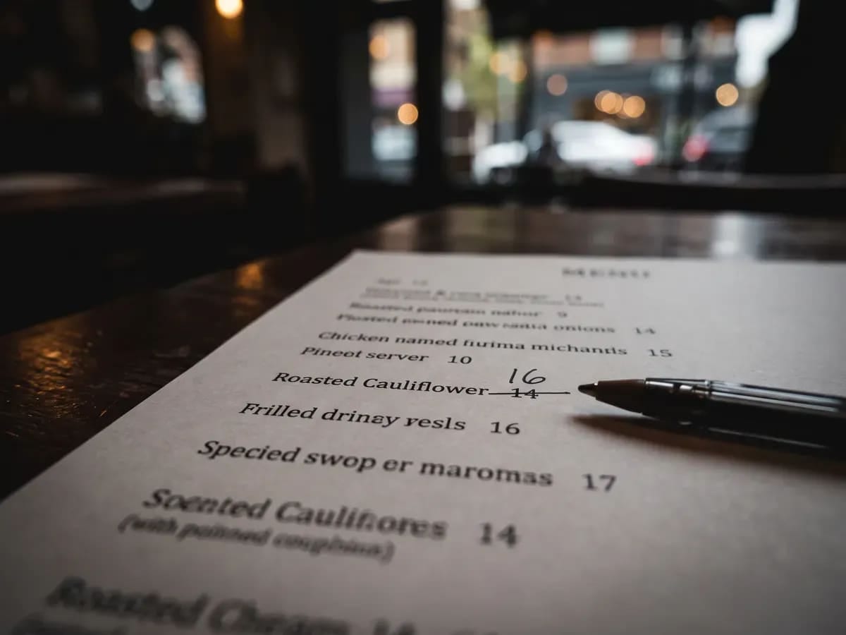 A printed menu with a price crossed out and rewritten in pen