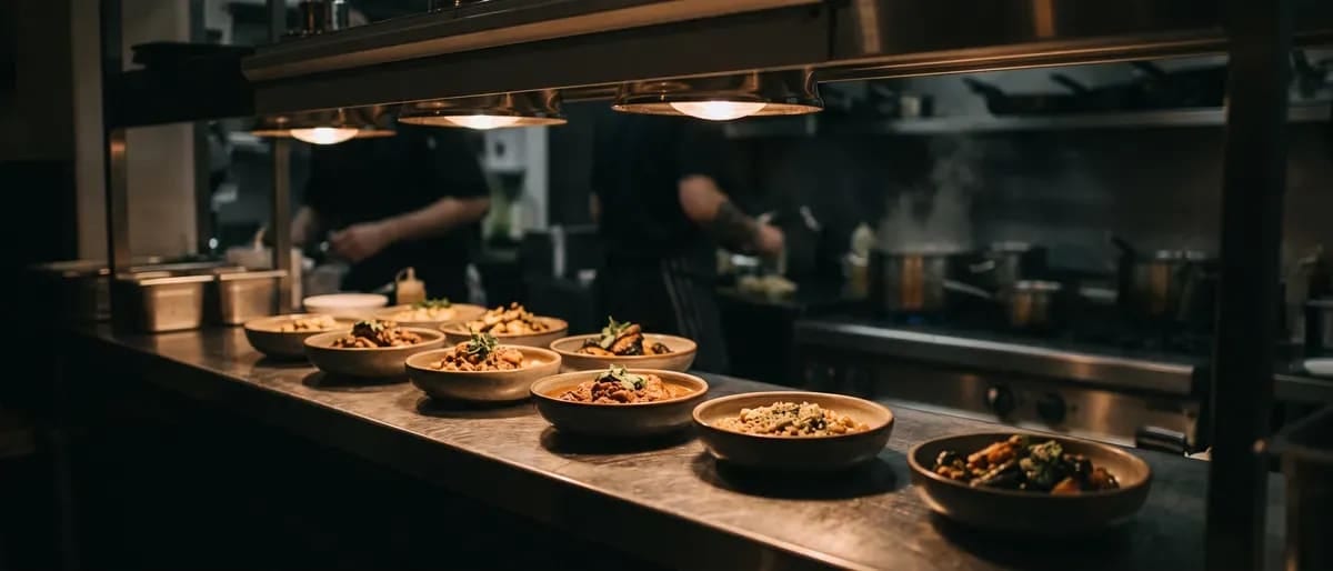 A row of dishes waiting under a heat lamp at a kitchen pass