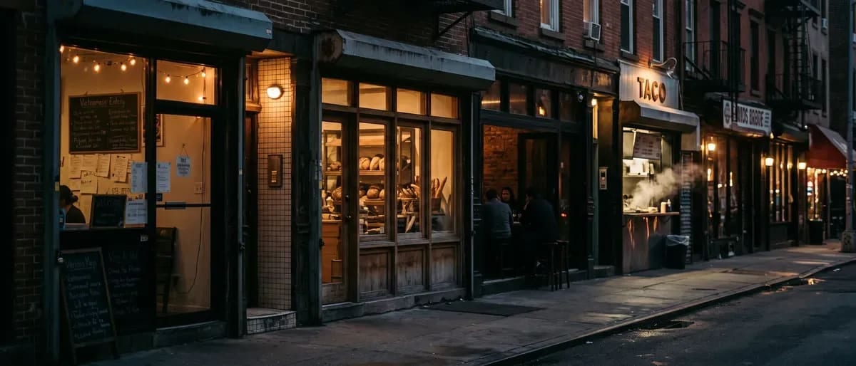 A row of small restaurant fronts along a city street at dusk