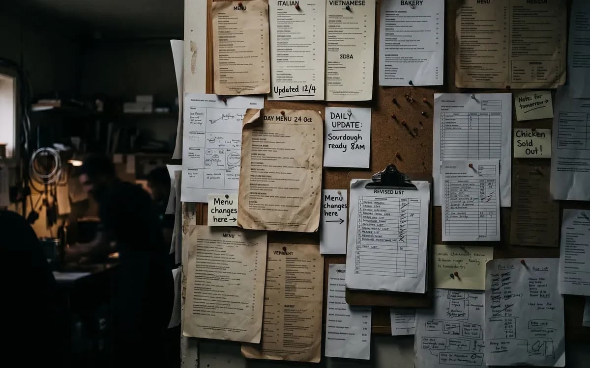 A wall of pinned menus and notices in a restaurant back office