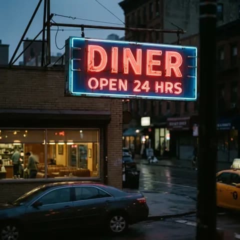 A weathered neon sign standing above a roadside restaurant
