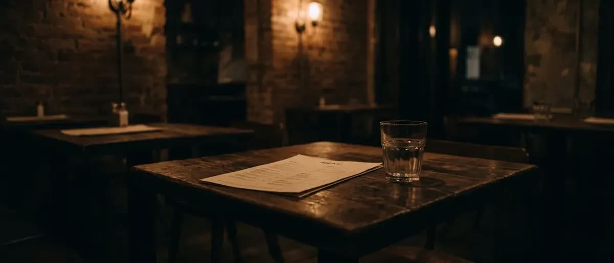 An empty cafe table with a folded menu and a glass of water