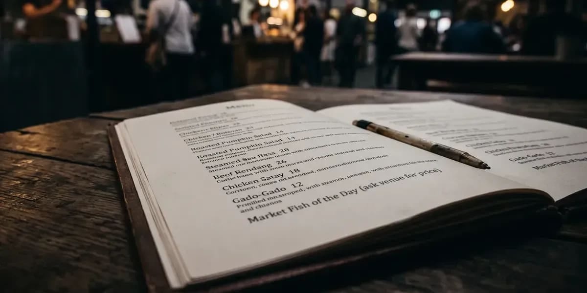 An open menu page showing dish names and prices in printed columns