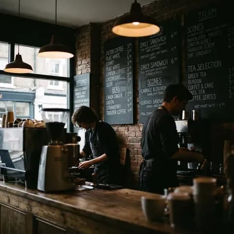Chalkboard menus mounted on the wall behind a cafe counter