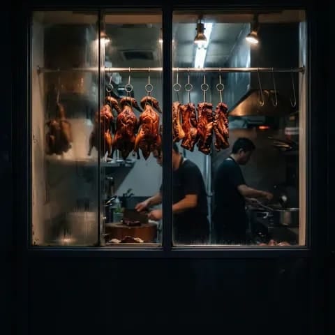 Cooks working behind a shop window hung with roasted meats