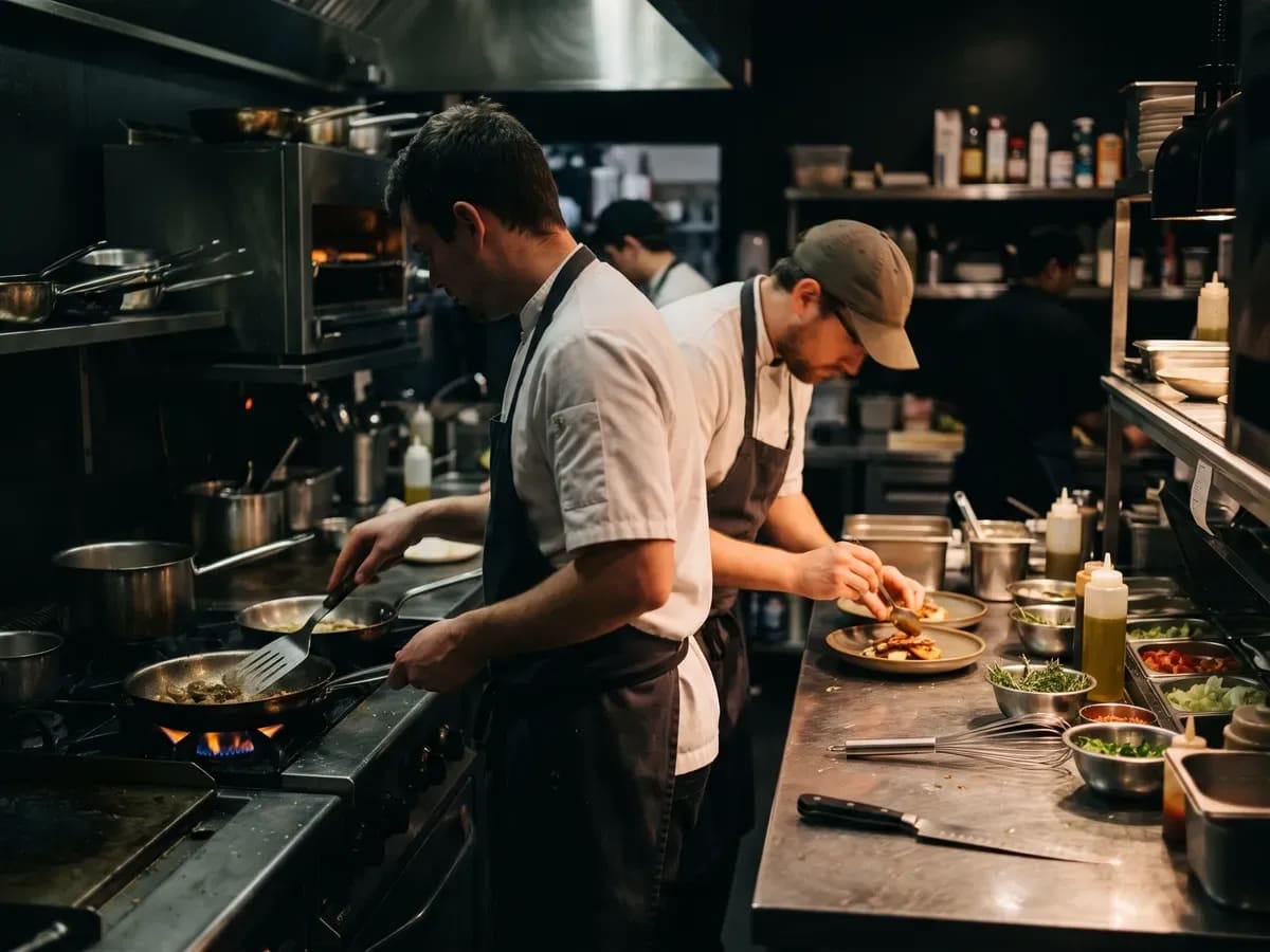 Two chefs working at a stainless steel kitchen counter